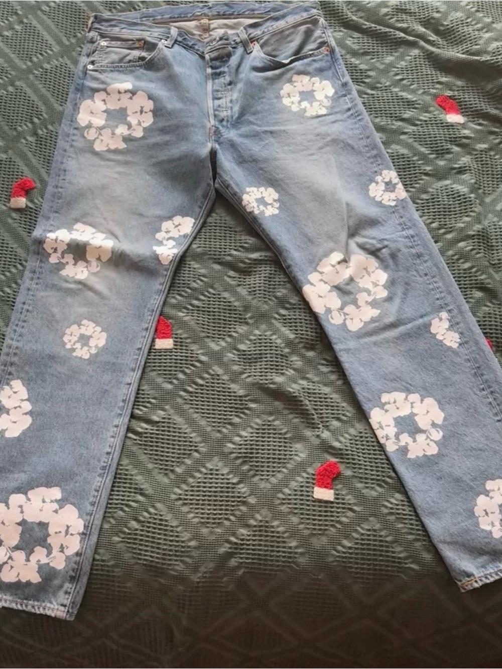 Light Blue Straight-Leg Jeans with White Floral Prints